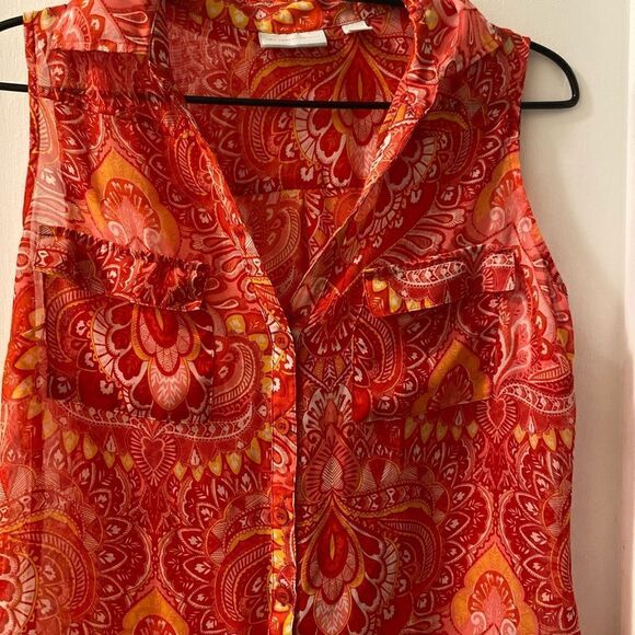 Red and yellow sleeveless button up top from New York and company size medium - Picture 3 of 5
